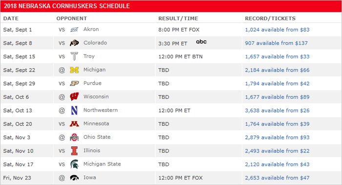 Nebraska schedule