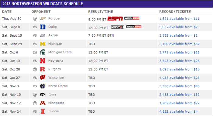 Northwestern schedule